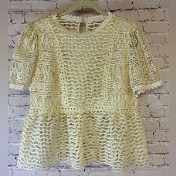 Cream Short Puff Sleeve Crochet Open Back Scandi Girl Folklore Boho Top M - Picture 1 of 10